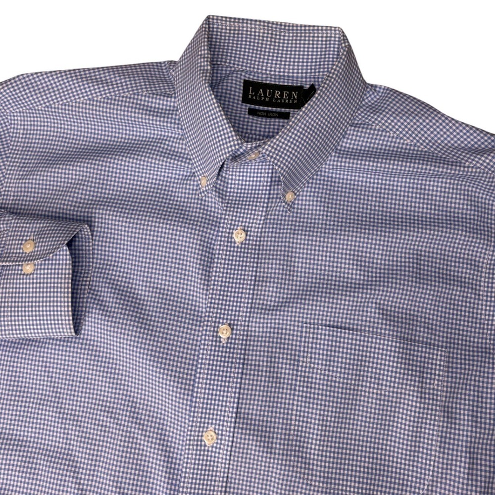 Lauren Ralph Lauren Button Down Men 16.5 32/33 Blue Gingham Non Iron Cotton L/S